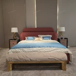 Wingback Leather Bed with Channel-Tufted Headboard and High-Gloss Wood Side Panels